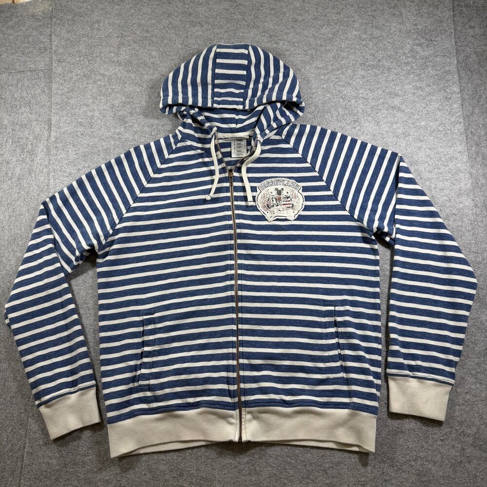 Disney Parks Zip Up Hoodie Mens L Navy Cream Stripe Disneyland Crest Fleece